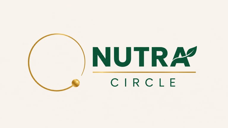 Nutra Circle logo featuring a gold circular outline with a dot, green text, and a leaf design on a beige background